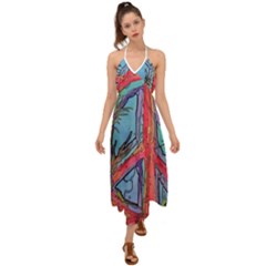 Hippie Peace Sign Psychedelic Trippy Halter Tie Back Dress  by Modalart