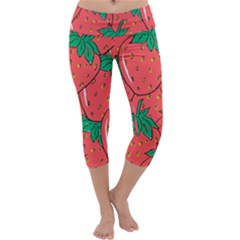 Texture Sweet Strawberry Dessert Food Summer Pattern Capri Yoga Leggings by Sarkoni