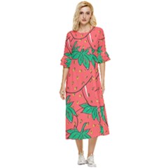 Texture Sweet Strawberry Dessert Food Summer Pattern Double Cuff Midi Dress by Sarkoni