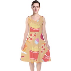 Fast Junk Food  Pizza Burger Cool Soda Pattern V-neck Midi Sleeveless Dress  by Sarkoni