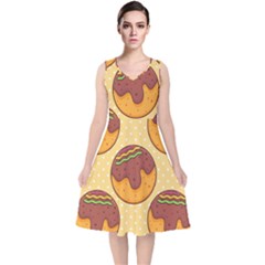 Takoyaki Food Seamless Pattern V-neck Midi Sleeveless Dress  by Sarkoni