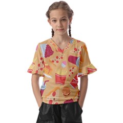 Fast Junk Food  Pizza Burger Cool Soda Pattern Kids  V-neck Horn Sleeve Blouse by Sarkoni