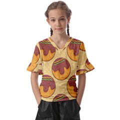 Takoyaki Food Seamless Pattern Kids  V-neck Horn Sleeve Blouse by Sarkoni