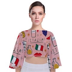 Food Pattern Italia Tie Back Butterfly Sleeve Chiffon Top by Sarkoni