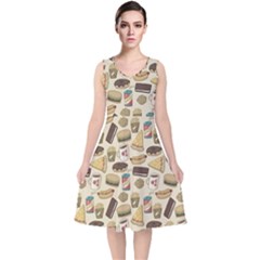 Junk Food Hipster Pattern V-neck Midi Sleeveless Dress  by Sarkoni