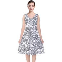 Food Doodle Pattern V-neck Midi Sleeveless Dress  by Sarkoni