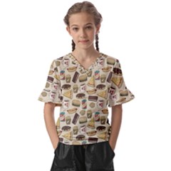 Junk Food Hipster Pattern Kids  V-neck Horn Sleeve Blouse by Sarkoni