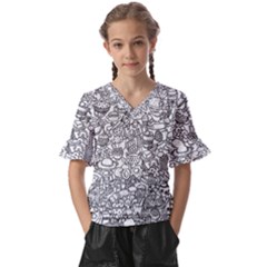 Food Doodle Pattern Kids  V-neck Horn Sleeve Blouse by Sarkoni