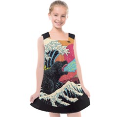 Retro Wave Kaiju Godzilla Japanese Pop Art Style Kids  Cross Back Dress by Modalart