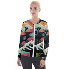 Retro Wave Kaiju Godzilla Japanese Pop Art Style Velvet Zip Up Jacket by Modalart