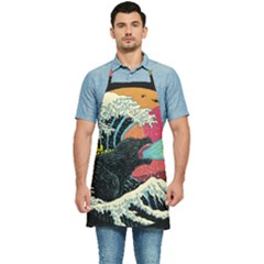 Retro Wave Kaiju Godzilla Japanese Pop Art Style Kitchen Apron by Modalart