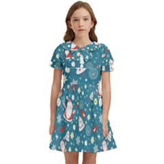 Christmas Pattern Santa Blue Kids  Bow Tie Puff Sleeve Dress by Sarkoni