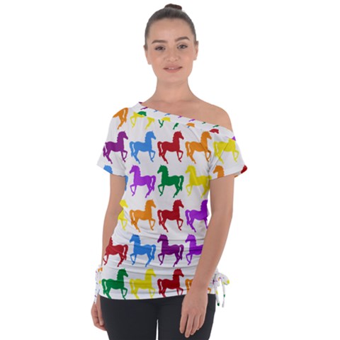 Colorful Horse Background Wallpaper Off Shoulder Tie-up T-shirt by Amaryn4rt