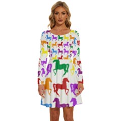 Colorful Horse Background Wallpaper Long Sleeve Wide Neck Velvet Dress by Amaryn4rt