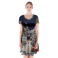 Christmas Landscape Short Sleeve V-neck Flare Dress by Sarkoni