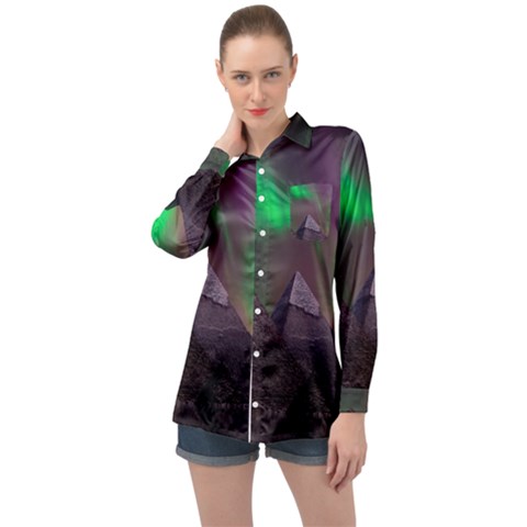 Fantasy Pyramid Mystic Space Aurora Long Sleeve Satin Shirt by Grandong