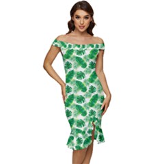 Tropical Leaf Pattern Off Shoulder Ruffle Split Hem Bodycon Dress by Dutashop