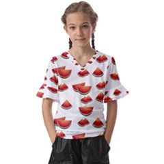 Summer Watermelon Pattern Kids  V-neck Horn Sleeve Blouse by Dutashop