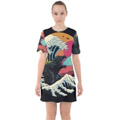 Retro Wave Kaiju Godzilla Japanese Pop Art Style Sixties Short Sleeve Mini Dress by Modalart