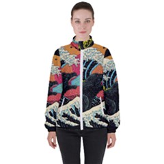 Retro Wave Kaiju Godzilla Japanese Pop Art Style Women s High Neck Windbreaker by Modalart