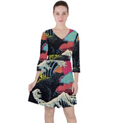 Retro Wave Kaiju Godzilla Japanese Pop Art Style Quarter Sleeve Ruffle Waist Dress by Modalart