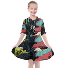 Retro Wave Kaiju Godzilla Japanese Pop Art Style Kids  All Frills Chiffon Dress by Modalart