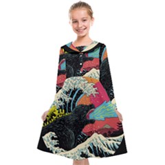 Retro Wave Kaiju Godzilla Japanese Pop Art Style Kids  Midi Sailor Dress by Modalart