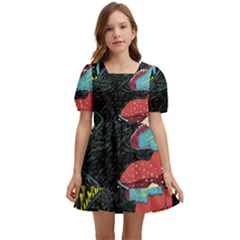 Retro Wave Kaiju Godzilla Japanese Pop Art Style Kids  Short Sleeve Dolly Dress by Modalart