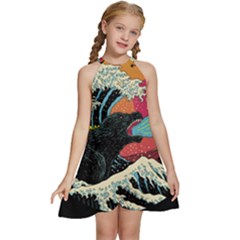 Retro Wave Kaiju Godzilla Japanese Pop Art Style Kids  Halter Collar Waist Tie Chiffon Dress by Modalart