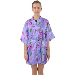 Flower Pink Pig Piggy Seamless Half Sleeve Satin Kimono  by Ravend