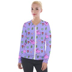 Flower Pink Pig Piggy Seamless Velvet Zip Up Jacket by Ravend