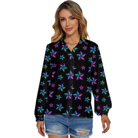 Stars Pattern Art Design Wallpaper Women s Long Sleeve Button Up Shirt by Ravend