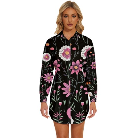 Flowers Pattern Womens Long Sleeve Shirt Dress by Ravend