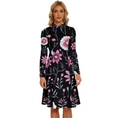 Flowers Pattern Long Sleeve Shirt Collar A-line Dress by Ravend