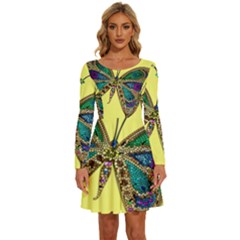 Butterfly Mosaic Yellow Colorful Long Sleeve Wide Neck Velvet Dress by Amaryn4rt