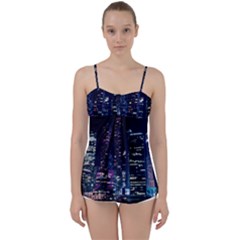 Black Building Lighted Under Clear Sky Babydoll Tankini Top by Modalart