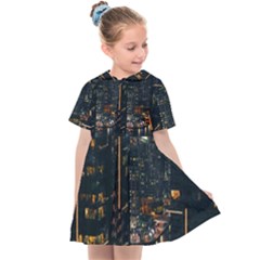 Photo Of Buildings During Nighttime Kids  Sailor Dress by Modalart