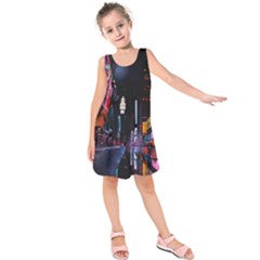 Roadway Surrounded Building During Nighttime Kids  Sleeveless Dress by Modalart