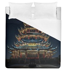 Blue Yellow And Green Lighted Pagoda Tower Duvet Cover (queen Size) by Modalart