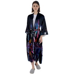 Roadway Surrounded Building During Nighttime Maxi Satin Kimono by Modalart