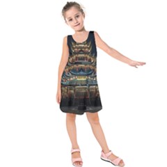 Blue Yellow And Green Lighted Pagoda Tower Kids  Sleeveless Dress by Modalart