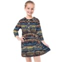 Blue Yellow And Green Lighted Pagoda Tower Kids  Quarter Sleeve Shirt Dress View1