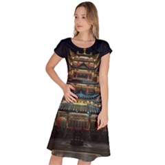 Blue Yellow And Green Lighted Pagoda Tower Classic Short Sleeve Dress by Modalart