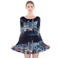 Aerial Photography Of Lighted High Rise Buildings Long Sleeve Velvet Skater Dress by Modalart