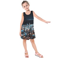 Aerial Photography Of Lighted High Rise Buildings Kids  Sleeveless Dress by Modalart