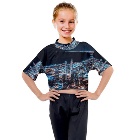 Aerial Photography Of Lighted High Rise Buildings Kids Mock Neck T-shirt by Modalart