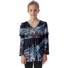 Aerial Photography Of Lighted High Rise Buildings Kids  V Neck Casual Top by Modalart