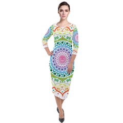 Mandala Pattern Rainbow Pride Quarter Sleeve Midi Velour Bodycon Dress by Vaneshop