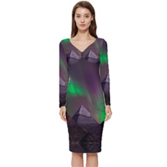 Fantasy Pyramid Mystic Space Aurora Long Sleeve V-neck Bodycon Dress  by Grandong