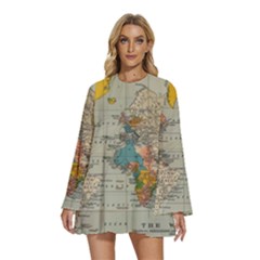 Vintage World Map Round Neck Long Sleeve Bohemian Style Chiffon Mini Dress by Ndabl3x